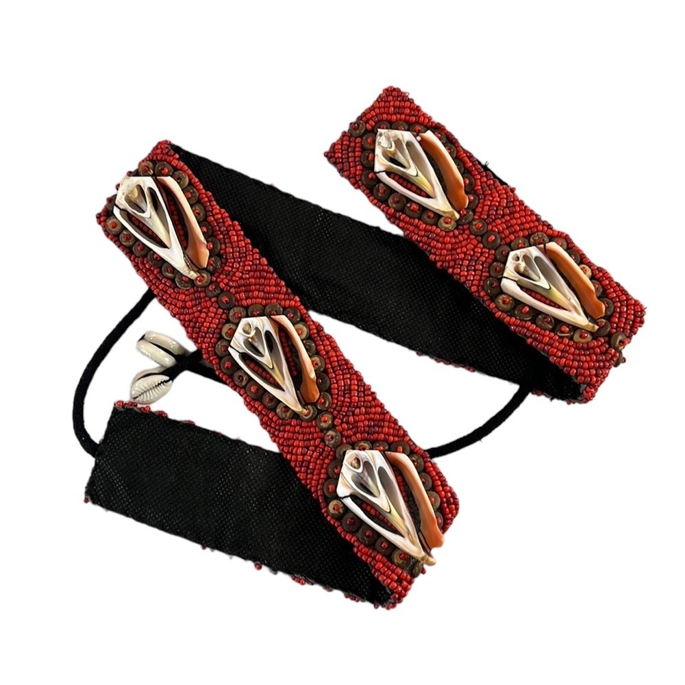 Vintage Coral Shell Beaded Belt Womens Size OS Largeโ Red Black African Mexican